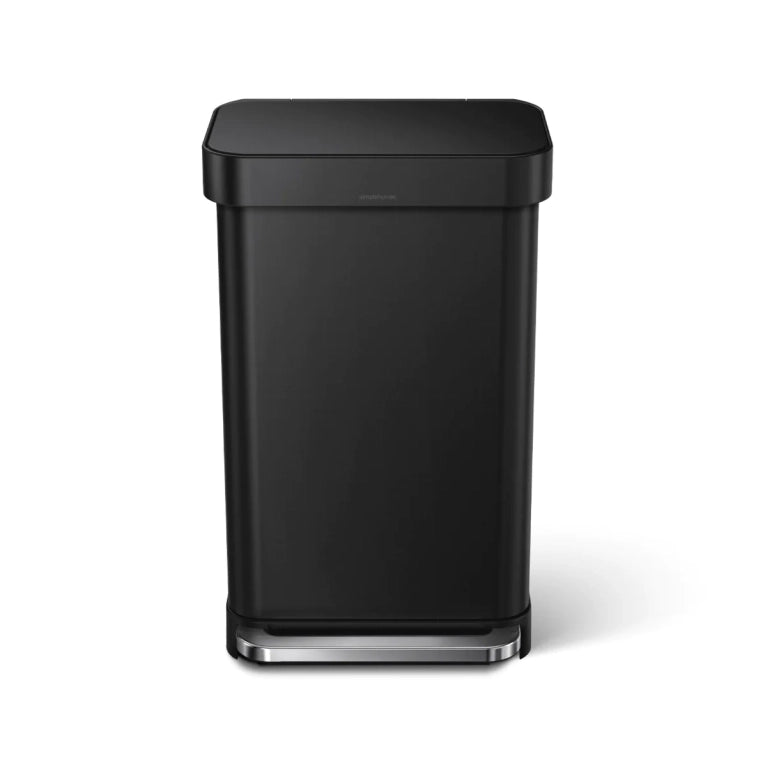 Black rectangular trash can with silver base on a white background